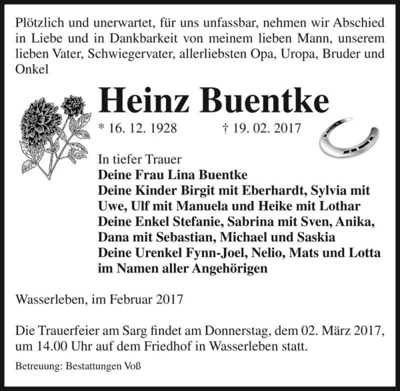  Traueranzeige für Heinz Buentke  vom 25.02.2017 aus Magdeburger Volksstimme