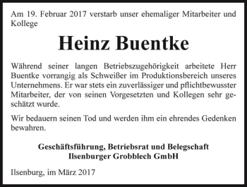 Traueranzeige von Heinz Buentke  von Magdeburger Volksstimme