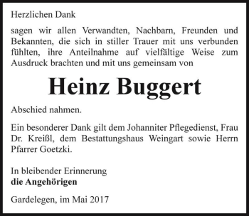 Traueranzeige von Heinz Buggert  von Magdeburger Volksstimme