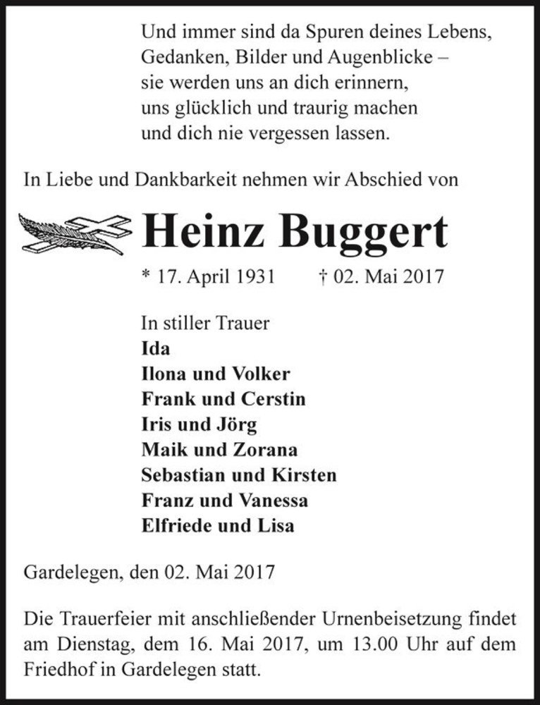  Traueranzeige für Heinz Buggert  vom 06.05.2017 aus Magdeburger Volksstimme