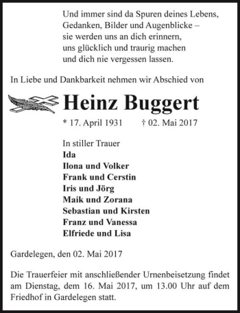 Traueranzeige von Heinz Buggert  von Magdeburger Volksstimme