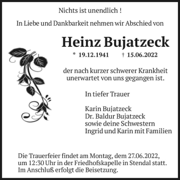 Traueranzeige von Heinz Bujatzeck  von Magdeburger Volksstimme