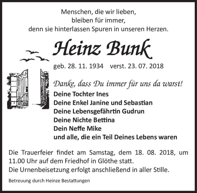  Traueranzeige für Heinz Bunk  vom 28.07.2018 aus Magdeburger Volksstimme