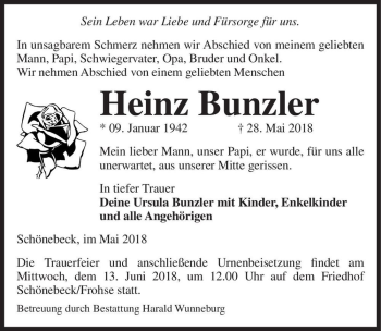 Traueranzeige von Heinz Bunzler  von Magdeburger Volksstimme
