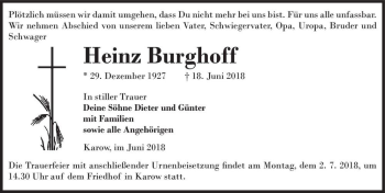 Traueranzeige von Heinz Burghoff  von Magdeburger Volksstimme