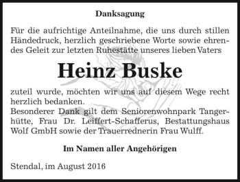 Traueranzeige von Heinz Buske  von Magdeburger Volksstimme