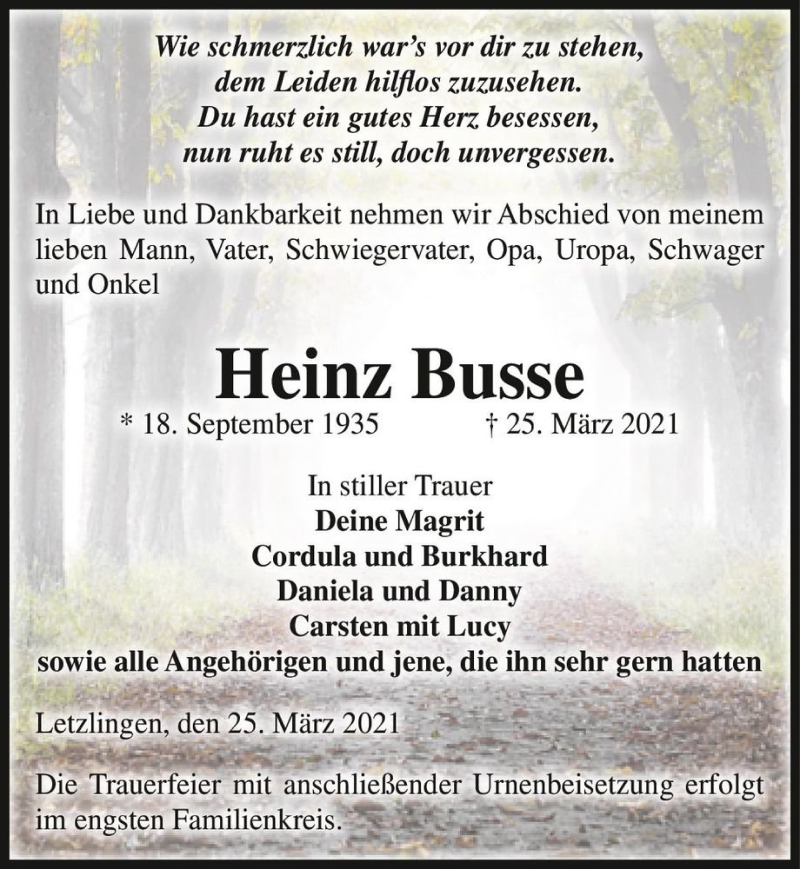  Traueranzeige für Heinz Busse  vom 30.03.2021 aus Magdeburger Volksstimme