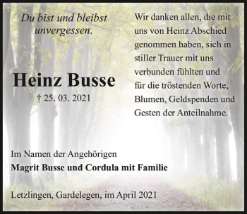 Traueranzeige von Heinz Busse  von Magdeburger Volksstimme