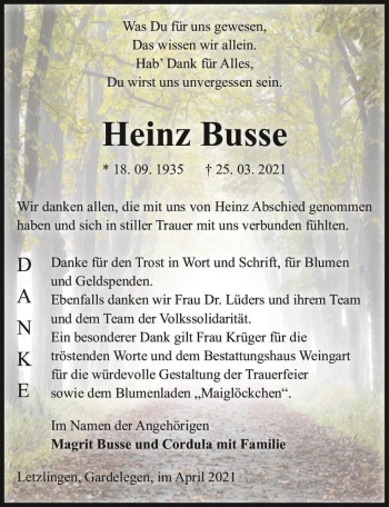 Traueranzeige von Heinz Busse  von Magdeburger Volksstimme