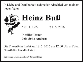 Traueranzeige von Heinz Buß  von Magdeburger Volksstimme