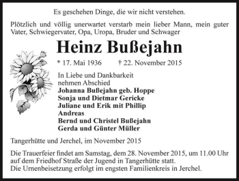 Traueranzeige von Heinz Bußejahn  von Magdeburger Volksstimme