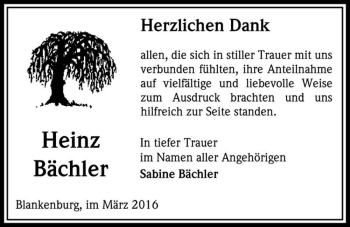Traueranzeige von Heinz Bächler  von Magdeburger Volksstimme