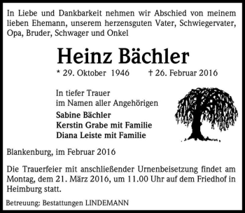 Traueranzeige von Heinz Bächler  von Magdeburger Volksstimme