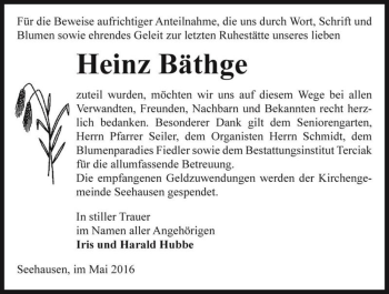 Traueranzeige von Heinz Bäthge  von Magdeburger Volksstimme
