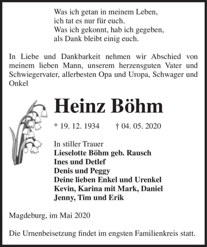  Traueranzeige für Heinz Böhm  vom 16.05.2020 aus Magdeburger Volksstimme