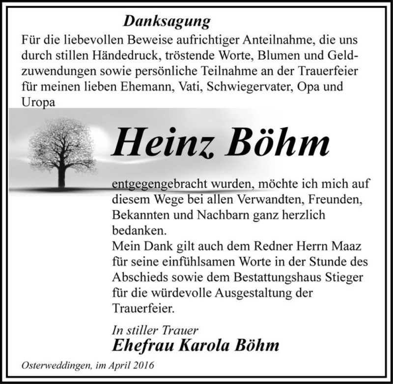  Traueranzeige für Heinz Böhm  vom 23.04.2016 aus Magdeburger Volksstimme