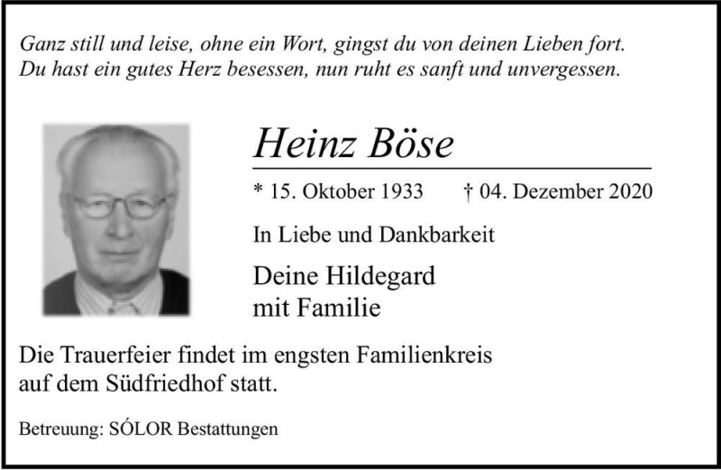 Traueranzeige für Heinz Böse  vom 12.12.2020 aus Magdeburger Volksstimme