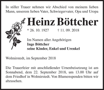 Traueranzeige von Heinz Böttcher  von Magdeburger Volksstimme