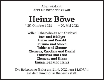 Traueranzeige von Heinz Böwe  von Magdeburger Volksstimme