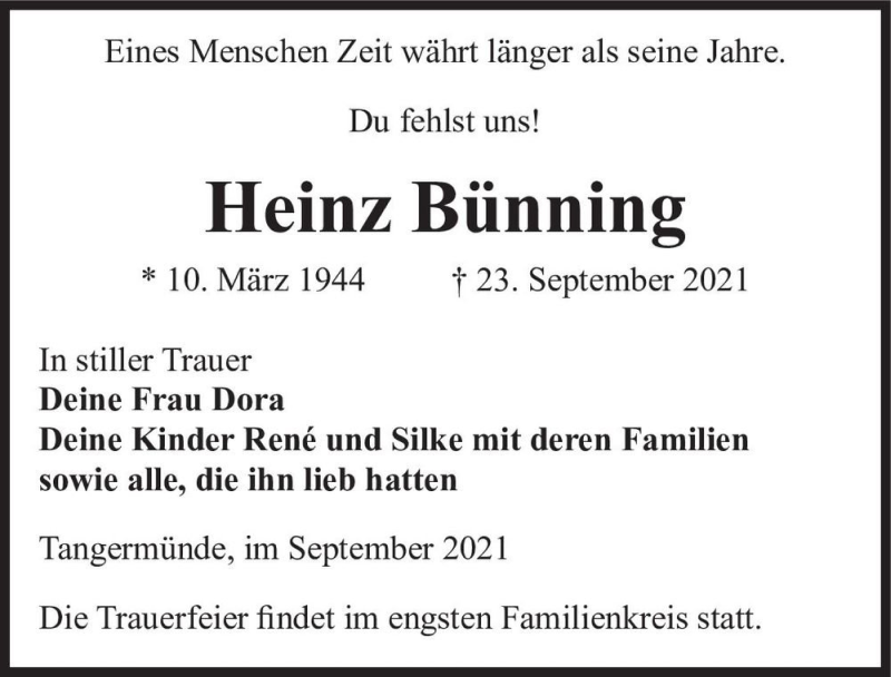  Traueranzeige für Heinz Bünning  vom 25.09.2021 aus Magdeburger Volksstimme