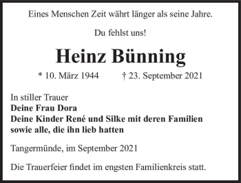 Traueranzeige von Heinz Bünning  von Magdeburger Volksstimme