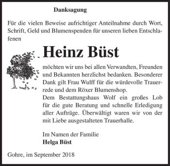 Traueranzeige von Heinz Büst  von Magdeburger Volksstimme