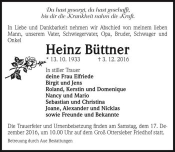 Traueranzeige von Heinz Büttner  von Magdeburger Volksstimme