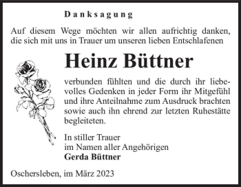 Traueranzeige von Heinz Büttner  von Magdeburger Volksstimme