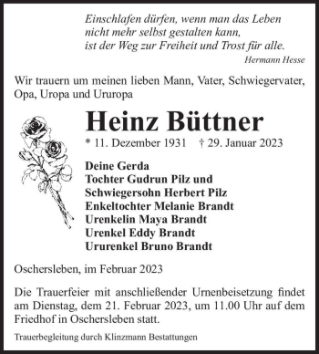 Traueranzeige von Heinz Büttner  von Magdeburger Volksstimme