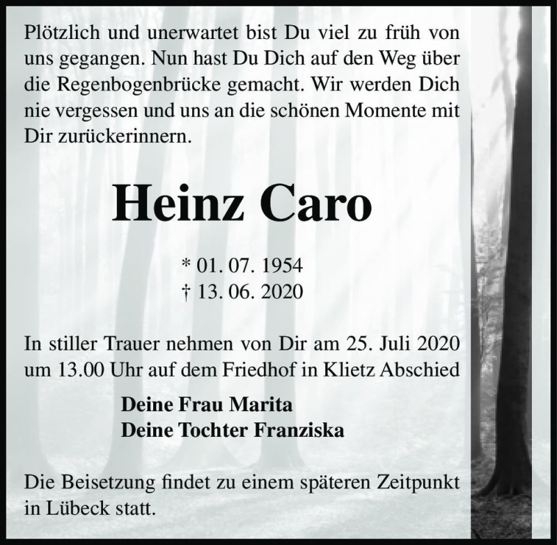  Traueranzeige für Heinz Caro  vom 27.06.2020 aus Magdeburger Volksstimme