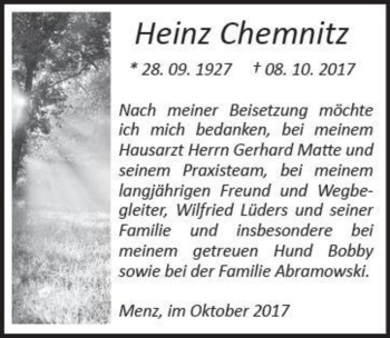 Traueranzeige von Heinz Chemnitz  von Magdeburger Volksstimme