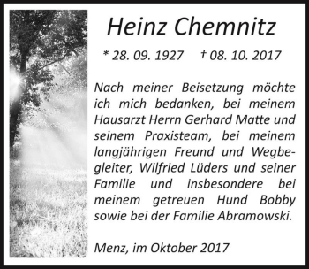Traueranzeige von Heinz Chemnitz  von Magdeburger Volksstimme