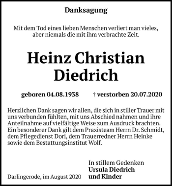 Traueranzeige von Heinz Christian Diedrich  von Magdeburger Volksstimme