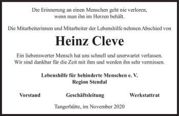 Traueranzeige von Heinz Cleve  von Magdeburger Volksstimme