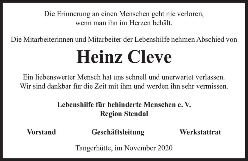 Traueranzeige für Heinz Cleve  vom 07.11.2020 aus Magdeburger Volksstimme