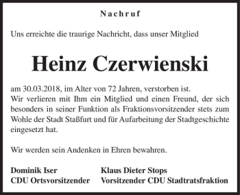 Traueranzeige von Heinz Czerwienski  von Magdeburger Volksstimme