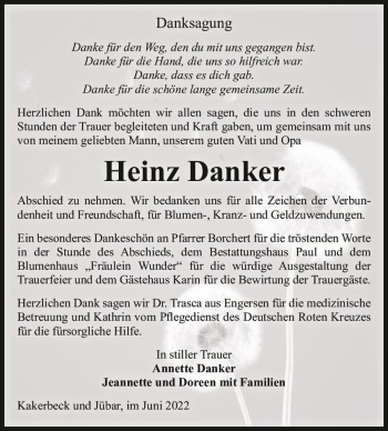 Traueranzeige von Heinz Danker  von Magdeburger Volksstimme