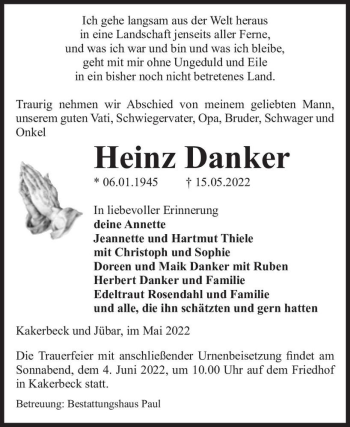 Traueranzeige von Heinz Danker  von Magdeburger Volksstimme