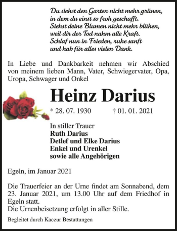 Traueranzeige von Heinz Darius  von Magdeburger Volksstimme