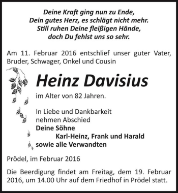 Traueranzeige von Heinz Davisius  von Magdeburger Volksstimme