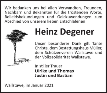 Traueranzeige von Heinz Degener  von Magdeburger Volksstimme