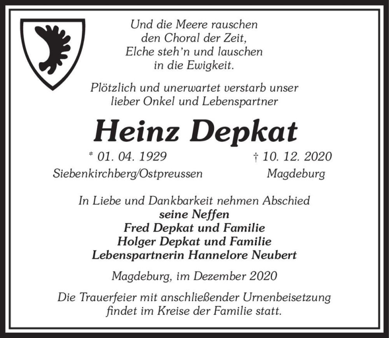  Traueranzeige für Heinz Depkat  vom 30.12.2020 aus Magdeburger Volksstimme