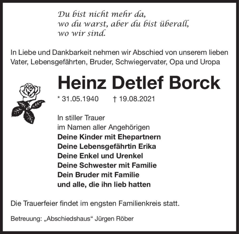  Traueranzeige für Heinz Detlef Borck  vom 11.09.2021 aus Magdeburger Volksstimme