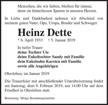 Traueranzeige von Heinz Dette  von Magdeburger Volksstimme