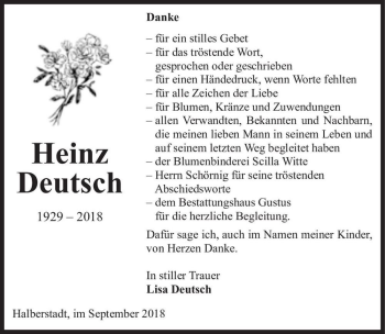 Traueranzeige von Heinz Deutsch  von Magdeburger Volksstimme