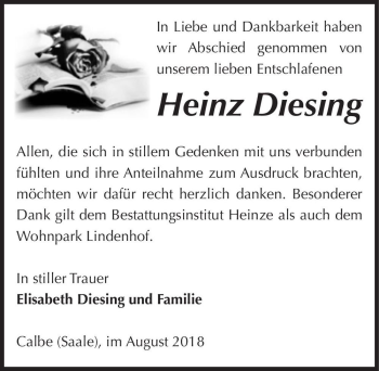 Traueranzeige von Heinz Diesing  von Magdeburger Volksstimme