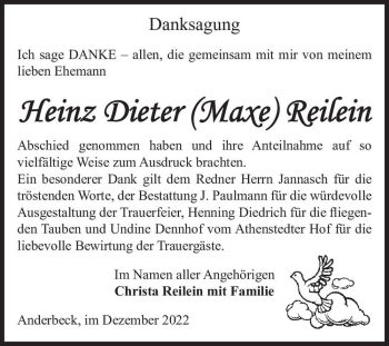 Traueranzeige von Heinz Dieter (Maxe) Reilein  von Magdeburger Volksstimme