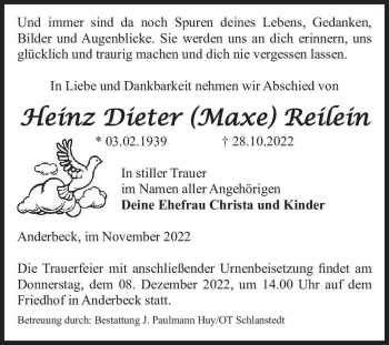 Traueranzeige von Heinz Dieter (Maxe) Reilein  von Magdeburger Volksstimme