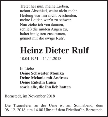 Traueranzeige von Heinz Dieter Rulf  von Magdeburger Volksstimme