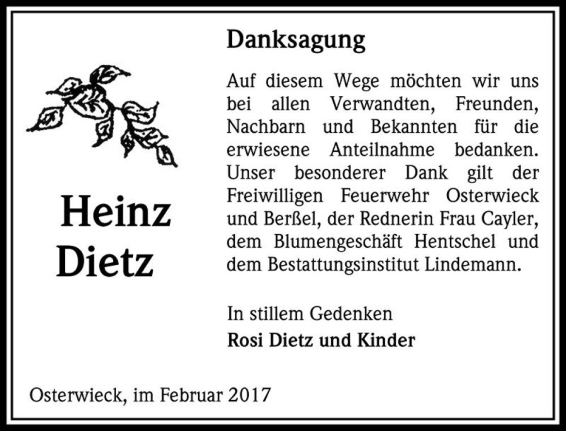  Traueranzeige für Heinz Dietz  vom 11.02.2017 aus Magdeburger Volksstimme